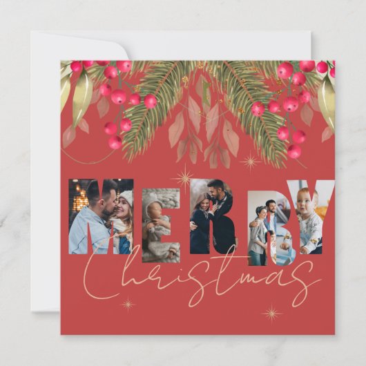 メリークリスマス数々のフォトレッド金ゴールドホリデーカード (正面)