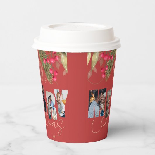 メリークリスマス数々のフォトレッド金ゴールドホリデーパーティー 紙コップ (左)