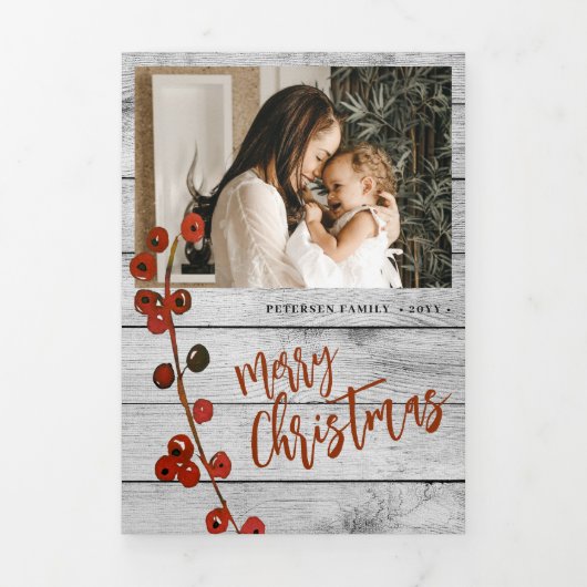 メリークリスマス数々の写真家族の素朴な木 三つ折りクリスマスカード (カバー)