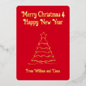 メリークリスマス文字とクリスマスツリー実在in  箔シーズンカード (正面)