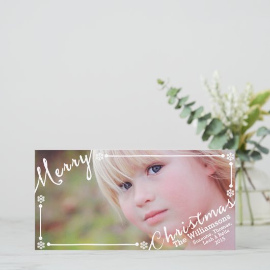 メリークリスマス文字オーバーレイ雪片と1枚の写真 シーズンカード (スタンド正面)