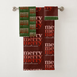 メリークリスマス文字グリーティングレッド&グリーンパターン バスタオルセット
