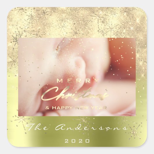 メリークリスマス新しい金ゴールドグリッターフォトスパークミント スクエアシール (正面)