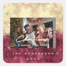 メリークリスマス新しい金ゴールドグリッター写真Burgundy スクエアシール