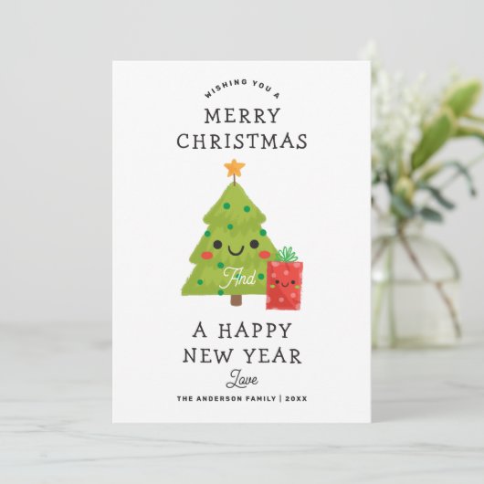 メリークリスマス新年おめでとう。かわいい冬の木 シーズンカード (スタンド正面)