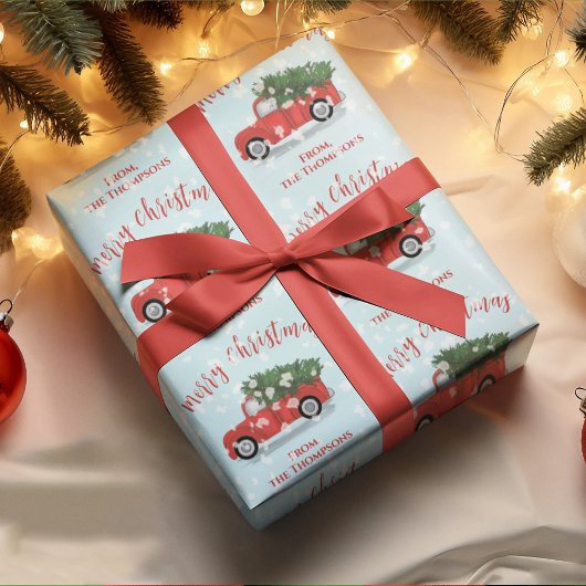 メリークリスマス書道かわいい赤素朴トラック ラッピングペーパー