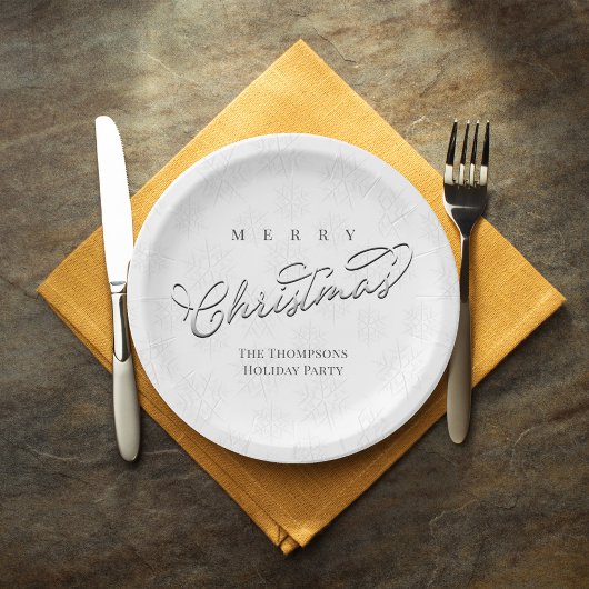 メリークリスマス書道シルバースノーフレーク ペーパープレート