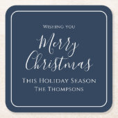 メリークリスマス書道シンプルキュートなネイビーブルー スクエアペーパーコースター (正面)