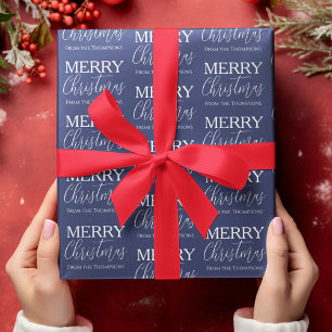 メリークリスマス書道スクリプトブルーお洒落 ラッピングペーパー