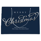 メリークリスマス書道ネイビーブルースノーフレーク ラージペーパーバッグ (正面)