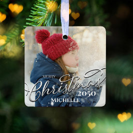 メリークリスマス書道ネイビーブループレイド写真 セラミックオーナメント