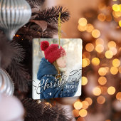 メリークリスマス書道ネイビーブループレイド写真 セラミックオーナメント