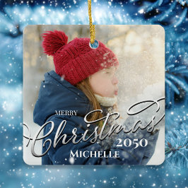 メリークリスマス書道ネイビーブループレイド写真 セラミックオーナメント