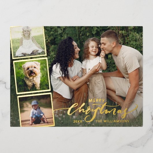 メリークリスマス書道フォトコラージュ金ゴールド 箔シーズンポストカード (正面)