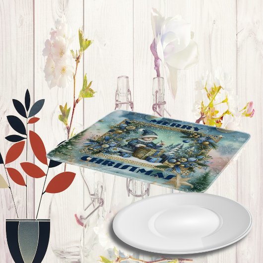 メリークリスマス書道ブルー小妖精や小人ゴールデンデコール カッティングボード