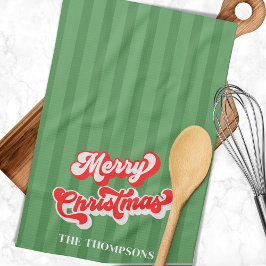 メリークリスマス書道レトロスタイルレッドグリーン キッチンタオル