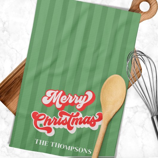 メリークリスマス書道レトロスタイルレッドグリーン キッチンタオル