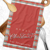 メリークリスマス書道台本かわいい赤い格子柄 キッチンタオル