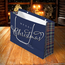 メリークリスマス書道台本ネイビーブループレイド ラージペーパーバッグ
