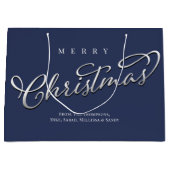 メリークリスマス書道台本ネイビーブループレイド ラージペーパーバッグ (正面)