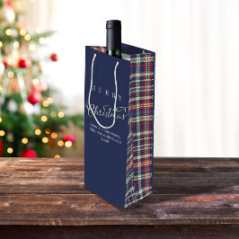 メリークリスマス書道台本ネイビーブループレイド ワインギフトバッグ