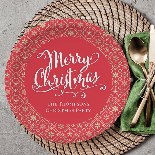 メリークリスマス書道台本レッドスノーフレーク ペーパープレート