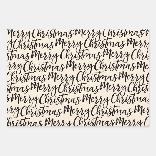 メリークリスマス書道模様ブラッククリーム ラッピングペーパーシート (正面)