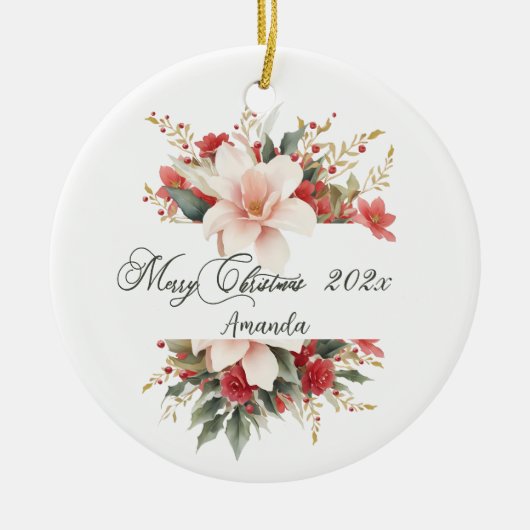 メリークリスマス書道水彩フローラ セラミックオーナメント (正面)