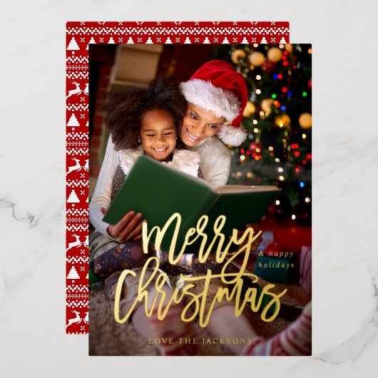 メリークリスマス書道縦写真 箔招待状 (正面/裏面)