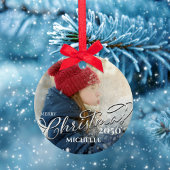 メリークリスマス書道赤い緑の格子写真 セラミックオーナメント