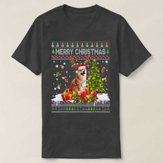 メリークリスマス柴犬サンタクリスマスツリーライツU Tシャツ (デザイン正面)