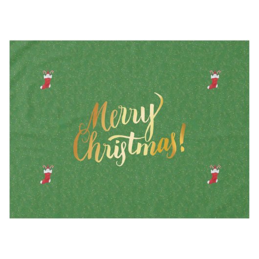 メリークリスマス格言インレッドストッキンググリーン金ゴールド テーブルクロス (正面(横))