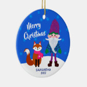 メリークリスマス格言キツネスノーフレークスブルー セラミックオーナメント (右)