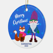 メリークリスマス格言キツネスノーフレークスブルー セラミックオーナメント (左)