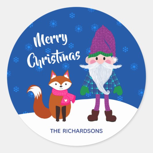メリークリスマス格言キツネスノーフレーク夜 ラウンドシール (正面)