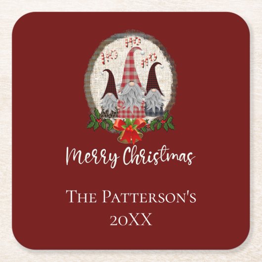 メリークリスマス格言レッド素朴、プレイド、トレンディー スクエアペーパーコースター (正面)