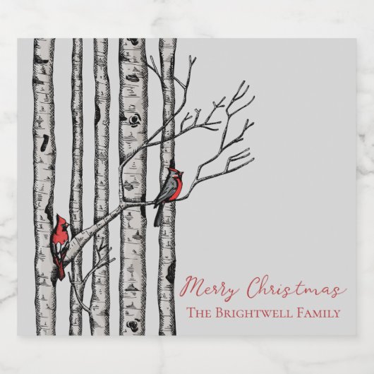 メリークリスマス樺の木の木と赤い(鳥)ショウジョウコウカンチョウの鳥 スパークリングワインラベル (シングルラベル)