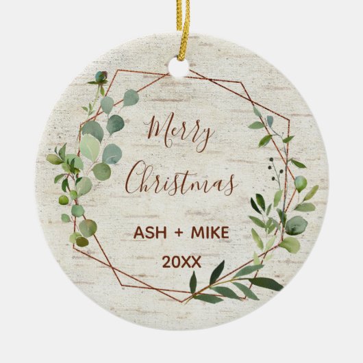 メリークリスマス樺の木ユーカリトゥス銅写真 セラミックオーナメント (正面)
