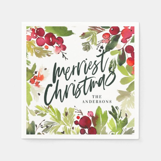 メリークリスマス水カラーフローラ休日 スタンダードカクテルナプキン (正面)