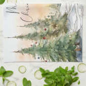 メリークリスマス水彩松の木 キッチンタオル (折り畳み)