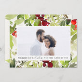 メリークリスマス水色の葉の写真 シーズンカード (正面/裏面)