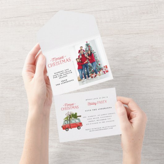 メリークリスマス水色ビンテージ オールインワン招待状 (貼ってはがせる)