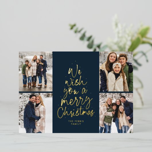 メリークリスマス海軍の金ゴールド4枚の写真 箔シーズンカード (立ち正面)