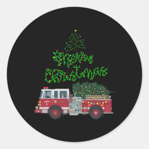 メリークリスマス消防車クリスマスツリーは男の子を点灯させる ラウンドシール