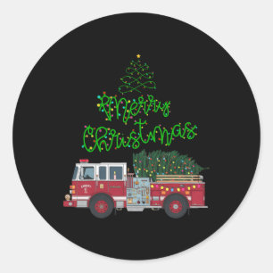 メリークリスマス消防車クリスマスツリーは男の子を点灯させる ラウンドシール