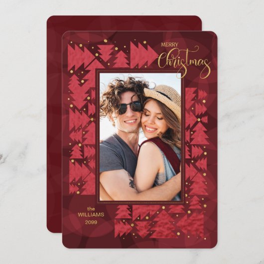 メリークリスマス深いレッドホリデーツリーズ写真 シーズンカード (正面/裏面)