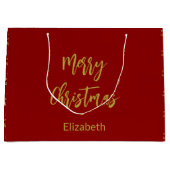 メリークリスマス深い赤と金ゴールド名ツリー ラージペーパーバッグ (正面)