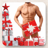 メリークリスマス滑りやすいジョー赤い白い銀の贈り物 コースター (正面)