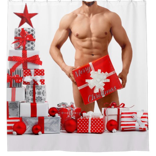 メリークリスマス滑りやすいジョー赤い白い銀の贈り物 シャワーカーテン (正面)