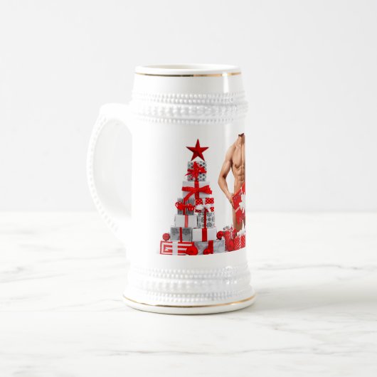 メリークリスマス滑りやすいジョー赤い白い銀の贈り物 ビールジョッキ (正面左)